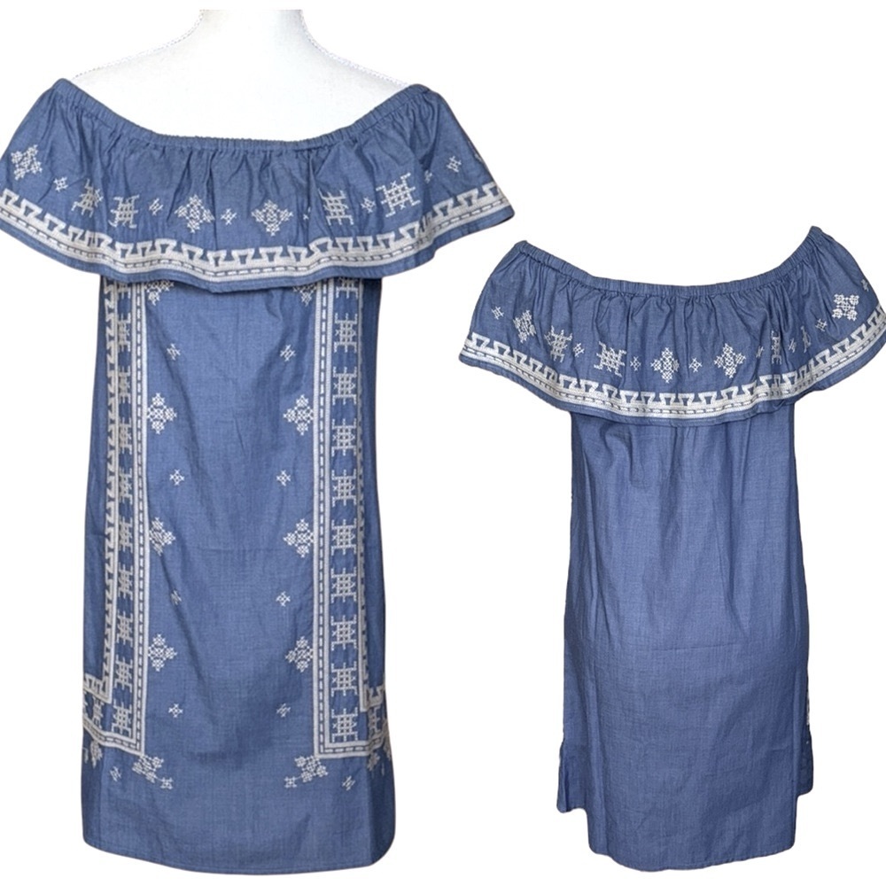NWT Joy Joy Boho Off Shoulder Chambray Mini Dress Western Embroidery
